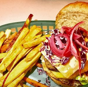 Chef's Special Vurguer of the Day w/ Root Fries  at Distrito Vegano in Merida