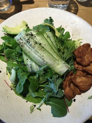 Fresh salad with soy “meat." at Latte Graphic in Ebina