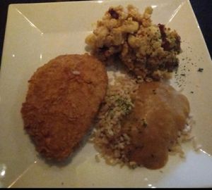 Juicy unchicken dinner, rice and gravy, and the best mac and cheese please I have ever had. at The Queen's Table Vegan Cuisine  in El Paso