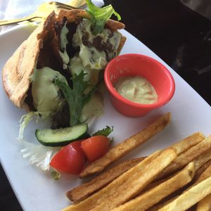 Gyro and fries. ❤️❤️❤️ at The Queen's Table Vegan Cuisine  in El Paso