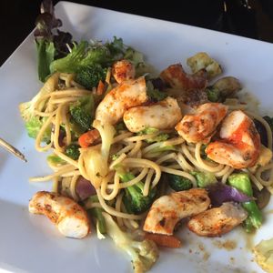 Unshrimp and pasta. at The Queen's Table Vegan Cuisine  in El Paso