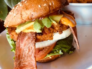 The King’s Burger at The Queen’s Table has super powers! So delicious!!! at The Queen's Table Vegan Cuisine  in El Paso