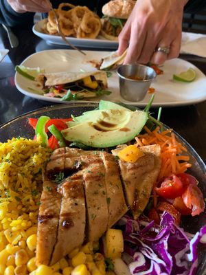 Queen Bowl with “chicken” and Mango Cauliflower tacos- YUM and done! at The Queen's Table Vegan Cuisine  in El Paso