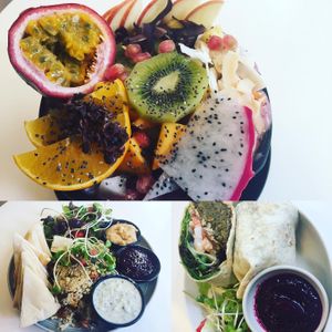 Various menu items - smoothie bowl (available with VG milk option), vegan mezze and falafel wrap at Buzz Organic Food & Drink in Ao Nang