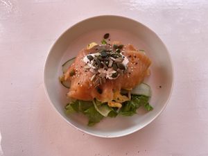 Salmon and omelet  at Buzz Organic Food & Drink in Ao Nang