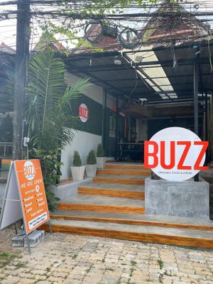 Outside view from road and our sign at new location at Buzz Organic Food & Drink in Ao Nang