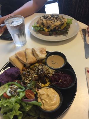 Vegan Mezze at the front and in the background vegan breakfast. Really good! at Buzz Organic Food & Drink in Ao Nang