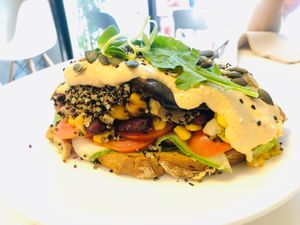 vegan breakfast，rich topping，amazing sauce  at Buzz Organic Food & Drink in Ao Nang