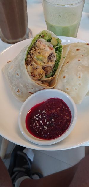 Vegan lunch wrap and cacao brownie smoothie at Buzz Organic Food & Drink in Ao Nang