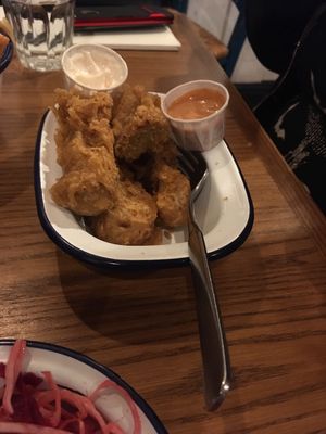 Seitan strips, with (spicey) vegan Burger sauce and vegan Mayo. Ask for vegan sauce.  at Burger Theory in Bristol