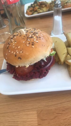 Vegan burger (Was vegetarian but was possible to make vegan, the potatoes were hard!!) at La Cantine in Biarritz