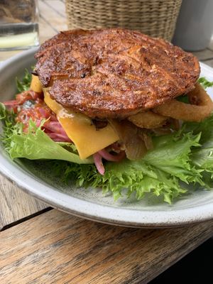 Vegan Berlin burger served in a salad bowl.   at Halifax Burgers in Hilleroed