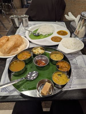 Thali (the brick desert isn't vegan, they took it back) string hopper style noodles at the back at Hotel Saravana Bhavan - Connaught Circus in New Delhi