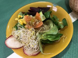 Small salad as first plate of menu of the day  at La Biotika in Madrid