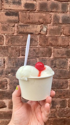 piña colada sorbet with a cherry   at Mt. Tom's Ice Cream in Easthampton