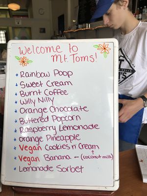 Vegan flavors are written on specials board  at Mt. Tom's Ice Cream in Easthampton