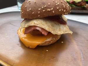 Bacons egg hash  at 7th Heaven in Sutherland