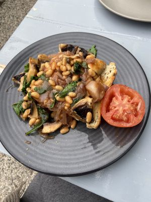 Vegan Breakfast - beans, mushroom, spinach, nuttelex, tomato, onion  at The Farmer's Wife in Port Fairy