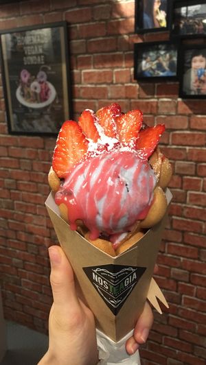 Pea flower ice cream bubble waffle at Nosteagia in West London