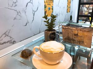 Matcha green tea latte and matcha energy ball  at Raw Vega in Bangkok