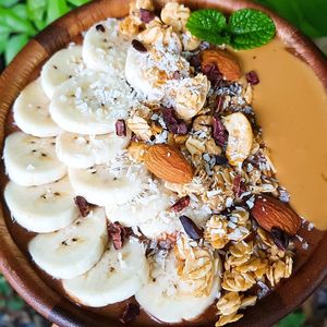 Banana cacao bowl at Raw Vega in Bangkok