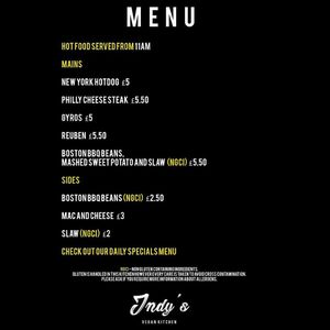 Menu at Indy's Vegan Kitchen in Swindon