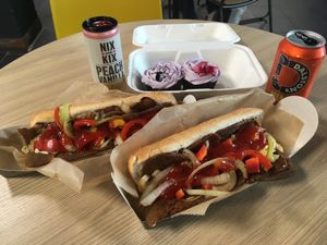 Philly cheese steak with Lemon and lavender cakes.  at Indy's Vegan Kitchen in Swindon
