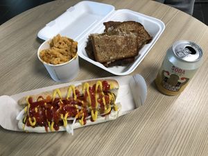 Hot dog, mac and cheese and Reuben  at Indy's Vegan Kitchen in Swindon