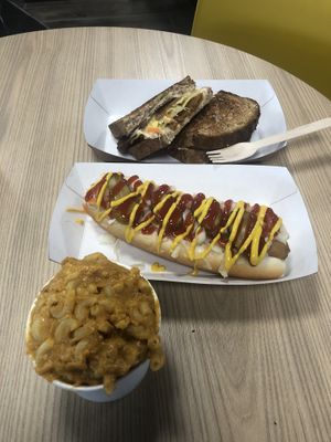Reuben, hot dog and Mac n cheese  at Indy's Vegan Kitchen in Swindon