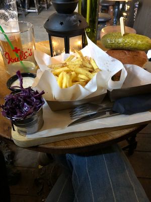 Vegan sausage patty with pesto, sundried tomato, beetroot crisps, with chips and slaw  at The Dolphin Inn in Shrewsbury