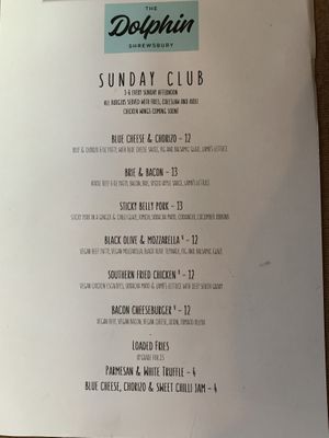 Sunday menu. Food served 1-6 at The Dolphin Inn in Shrewsbury