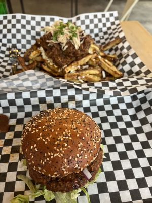 Buffalo boon burger with gluten-free bun and pulled-jack poutine   #Veganuary at Boon Burger Cafe in Oakville