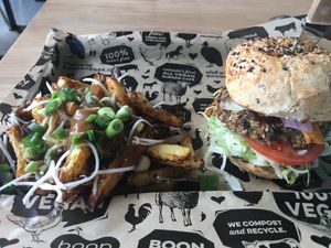 Poutine and south west crunch burger at Boon Burger Cafe in Oakville