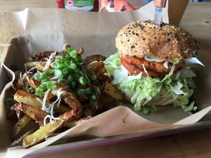 Spicy Buffalo Chick’n Burger with Poutine  at Boon Burger Cafe in Oakville