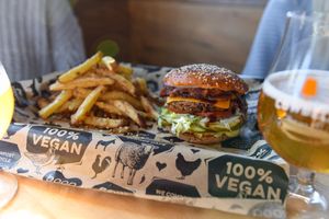 Burger, oven-baked fries & beers from local micro-brewery! at Boon Burger Cafe in Oakville