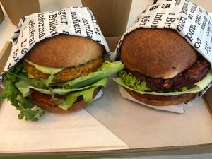 A mockingjay and a carrot burger at Matrjoska Kroshka vegan restaurant. at Matrjoska Kroshka in Budapest