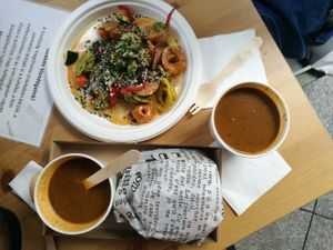 Pezmal and burger with hot mushroom soup at Matrjoska Kroshka in Budapest