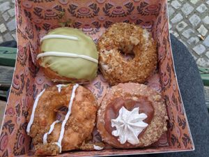 White chocolate matcha, rhubarb, maple coconut, carrot cake at Brammibal's Donuts - Prenzlauer Berg in Berlin