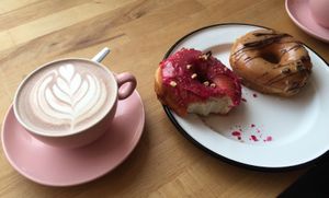 Hot chocolate, beetroot & walnut donut, Irish cream donut at Brammibal's at Brammibal's Donuts - Prenzlauer Berg in Berlin