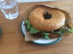 A lovely sample of the hummus and Pesto Bagel at Brammibal's Donuts - Prenzlauer Berg in Berlin