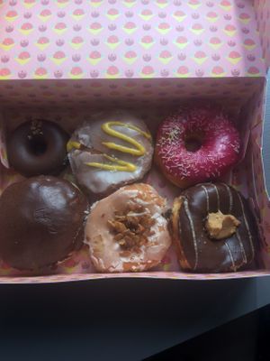(Left to right, first row then second) chocolate cake donut, mango filled, hibiscus sprinkle, Boston cream, toasted coconut, peanut butter at Brammibal's Donuts - Prenzlauer Berg in Berlin