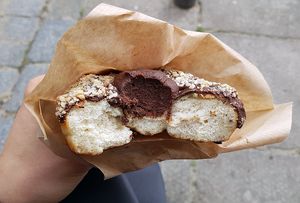 New flavor in April: "Nougat donut" - closeup at Brammibal's Donuts - Prenzlauer Berg in Berlin