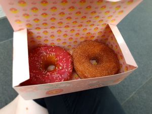"Pink donut" and "cinnamon donut" 😋 at Brammibal's Donuts - Prenzlauer Berg in Berlin