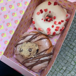 Cookie dough and white choc & strawberries  at Brammibal's Donuts - Prenzlauer Berg in Berlin