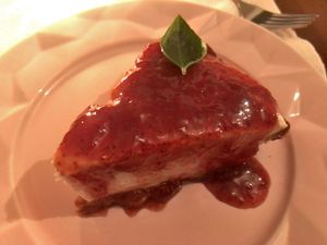Tofu cheesecake with wine and strawberry sauce at Piccoli Cucina in Sao Paulo