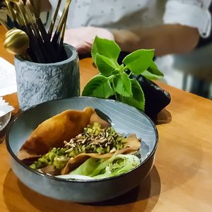 Pumpkin taco shell appetiser  at HRVST by Kilter Avenue in Central Singapore