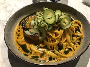Pumpkin fettuccine with tom yum broth  at HRVST by Kilter Avenue in Central Singapore