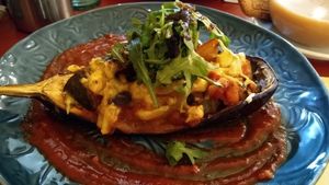 Aubergine stuffed with ratatouille and vegan cheese at Chickpea in Liverpool