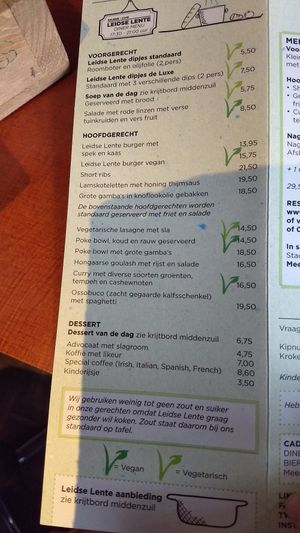 Menu at Galerie Cafe Leidse Lente in Leiden