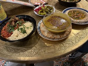 Lentil soup, cauliflower tagine, pickled vegetables  and humus   at Comptoir Libanais in Utrecht